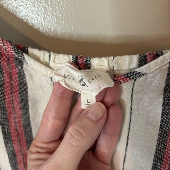 Lou & Grey 100% Linen Romper Sleeveless Shorts Cinch Waist Ivory Red Stripe Sz L - Picture 5 of 9